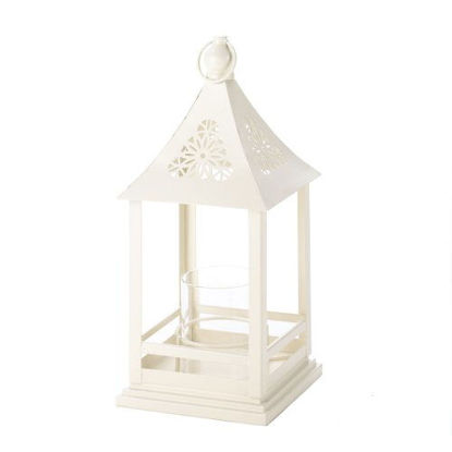 Picture of Beautiful White Floral Cutout Lantern With Glass Hurricane